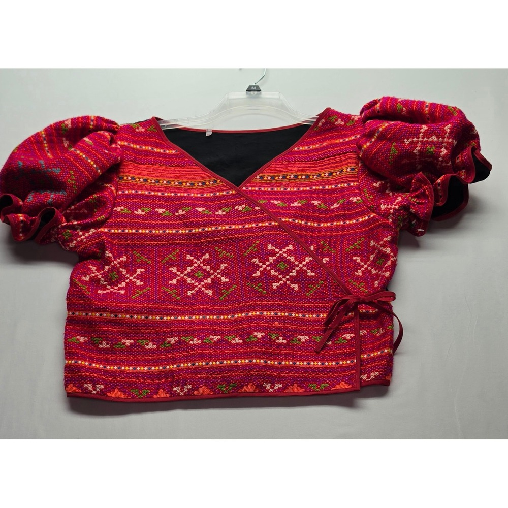 Handmade Hmong Embroidered Wrap Top Pink Red Puff Sleeve Cropped Blouse M/L